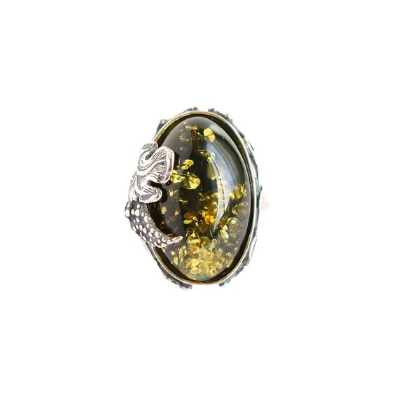 Baltic Green Amber Grape Leaf Statemnet Ring in 925 Sterling Silver - Picture 3 of 9